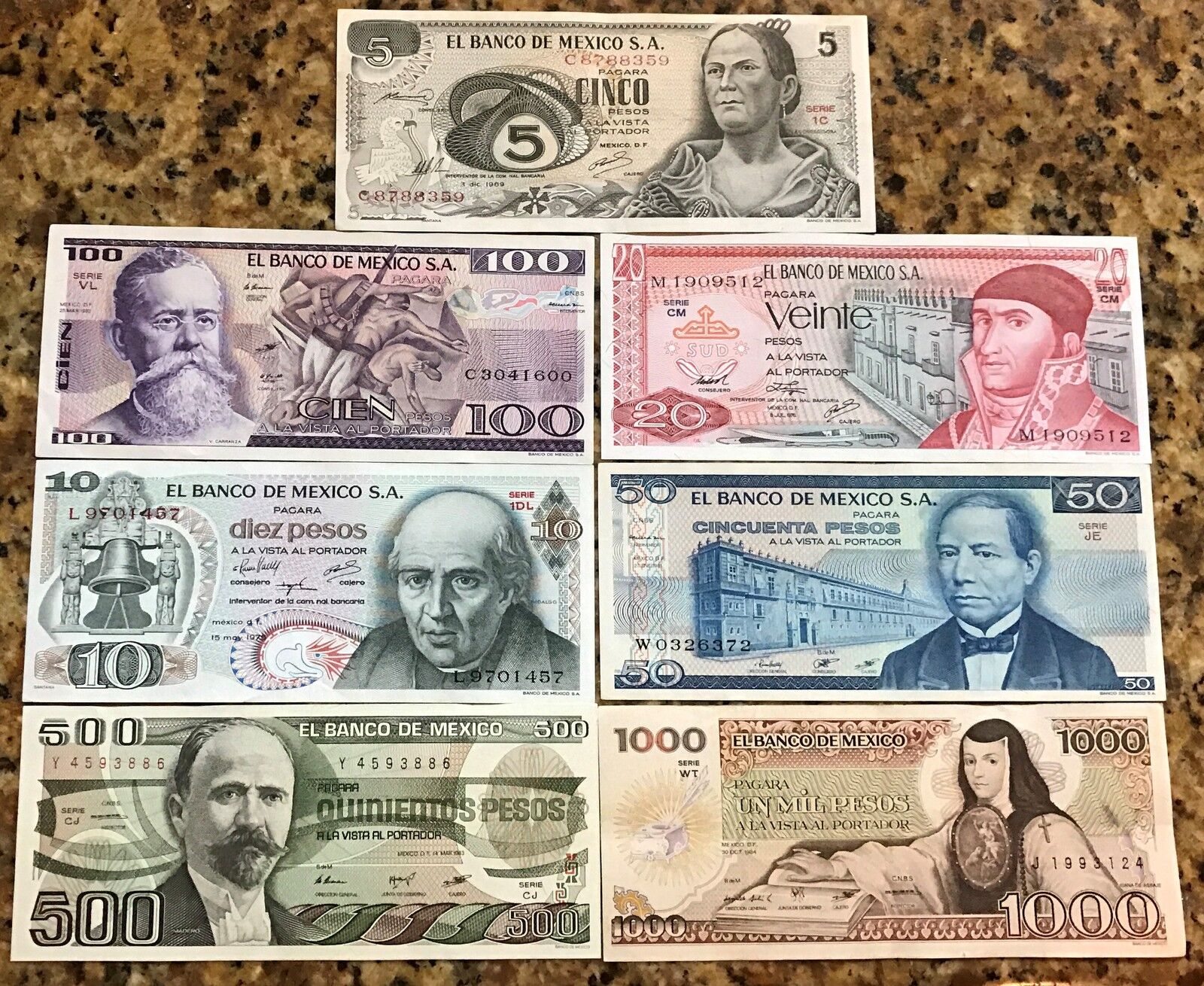 7 billetes Banco de Mexico 1970-1980 5,10,20,50,100,500 y 1000  Sin Circular Без бренда