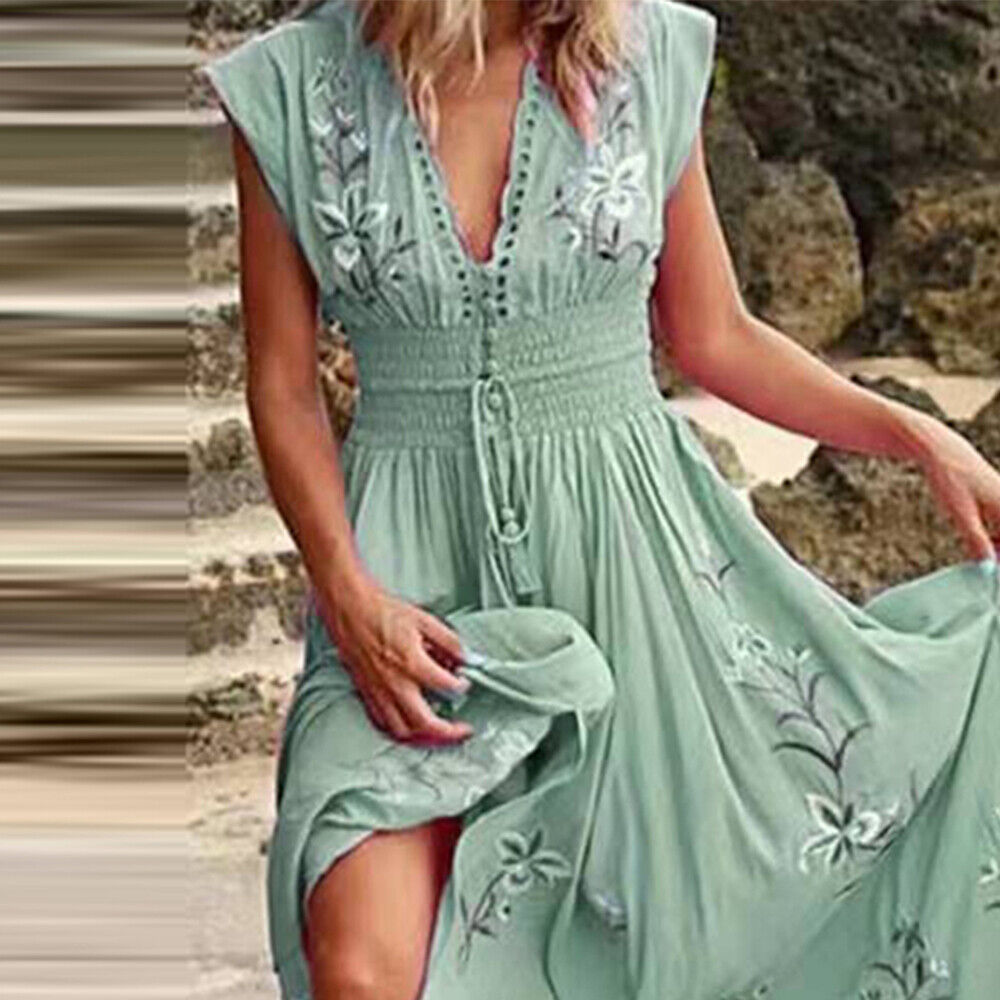 Womens Boho Floral Maxi Dress Ladies V Neck Summer Beach Holiday Long Sundress Unbranded Does Not Apply - фотография #13
