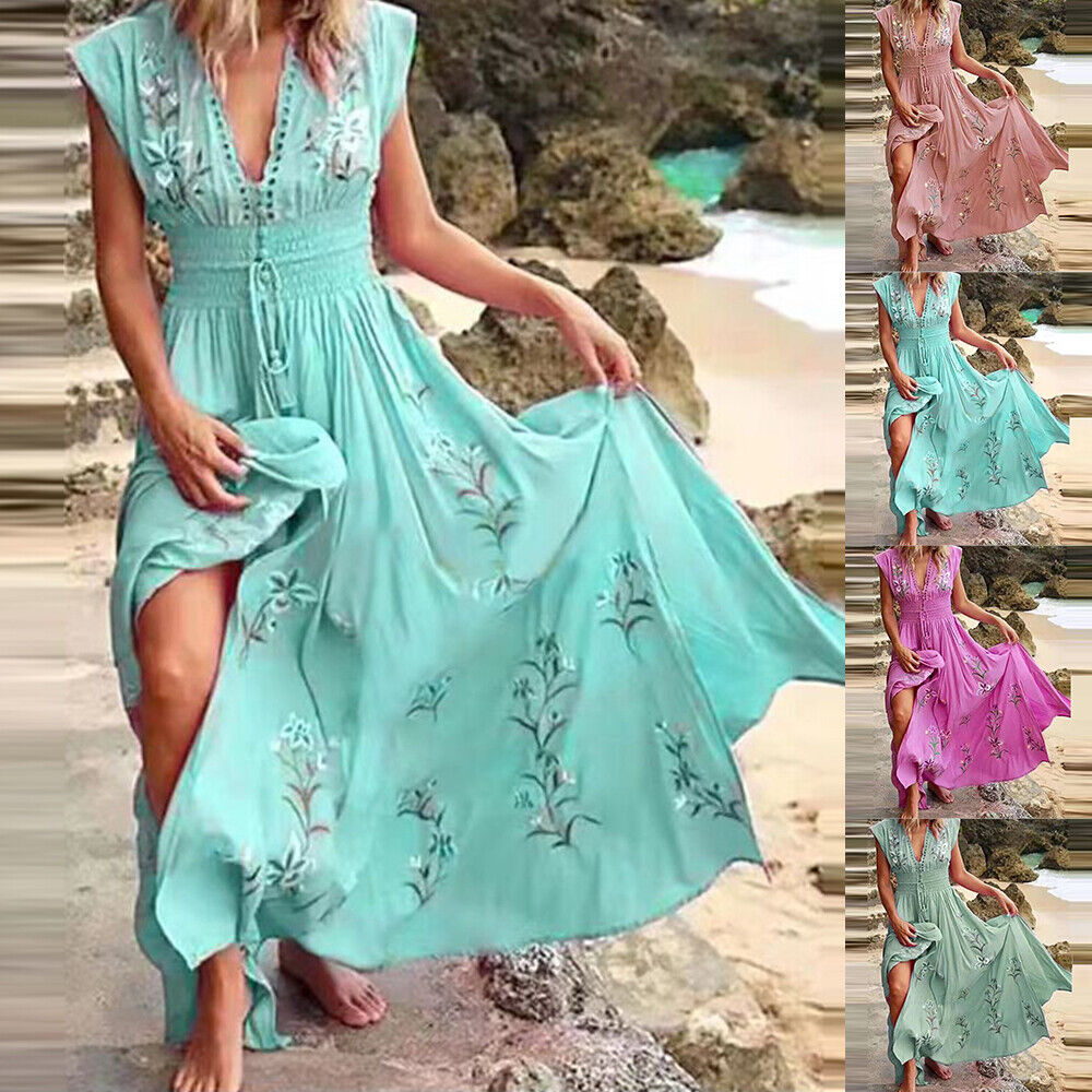 Womens Boho Floral Maxi Dress Ladies V Neck Summer Beach Holiday Long Sundress Unbranded Does Not Apply