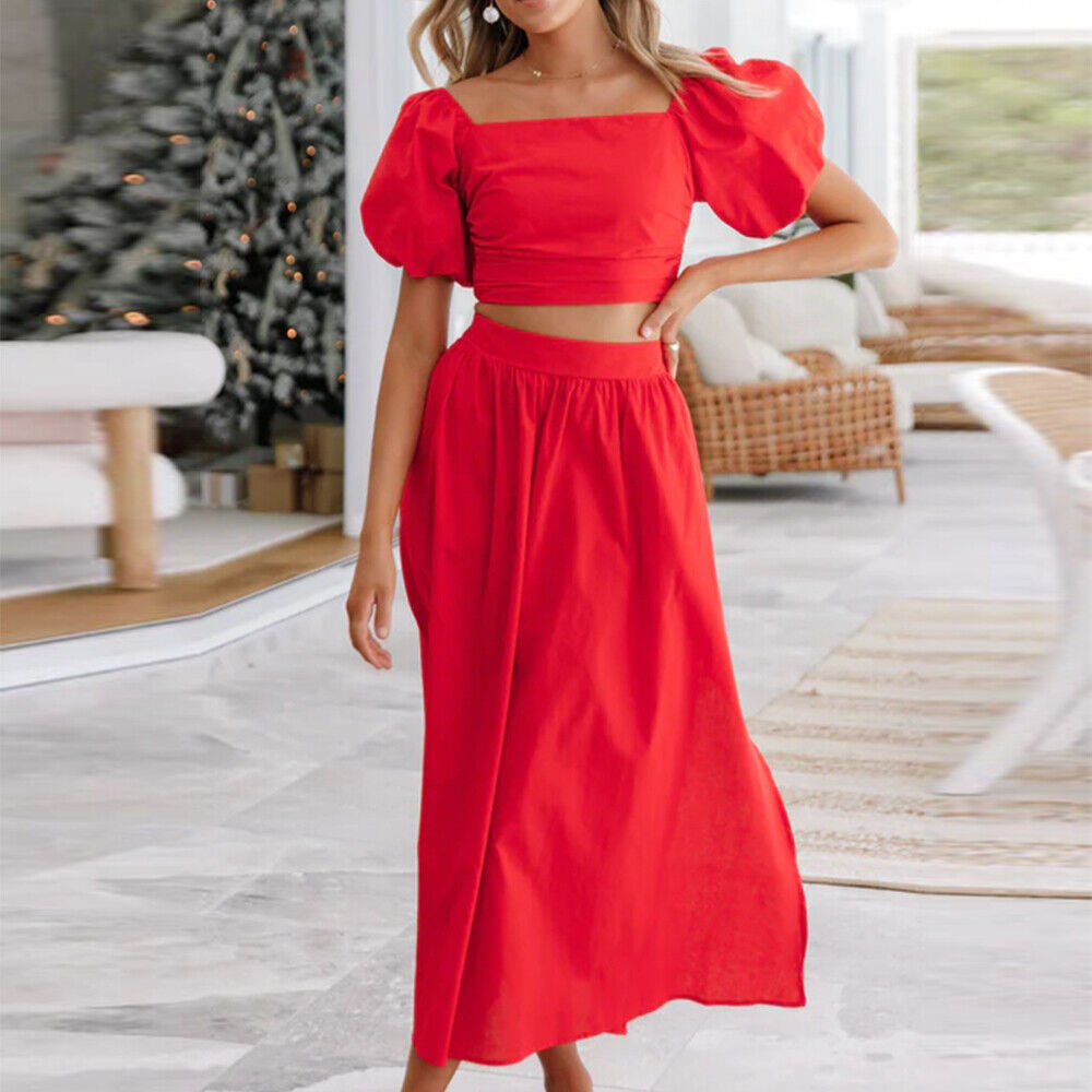 2Pcs Womens Boho Short Sleeve Crop Tops Long Dress Suit Holiday Beach Dress Set Unbranded Does Not Apply - фотография #3