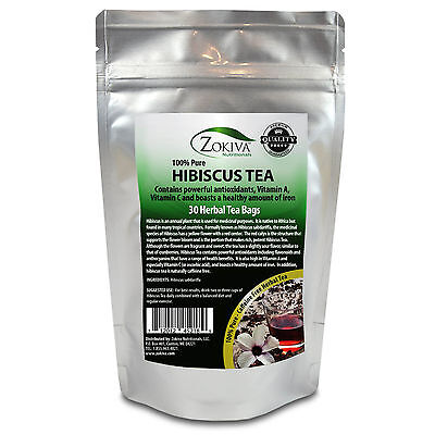 Hibiscus Tea 30 Bags 100% Natural Premium Antioxidant Rich Tea Resealable Pouch Zokiva Nutritionals