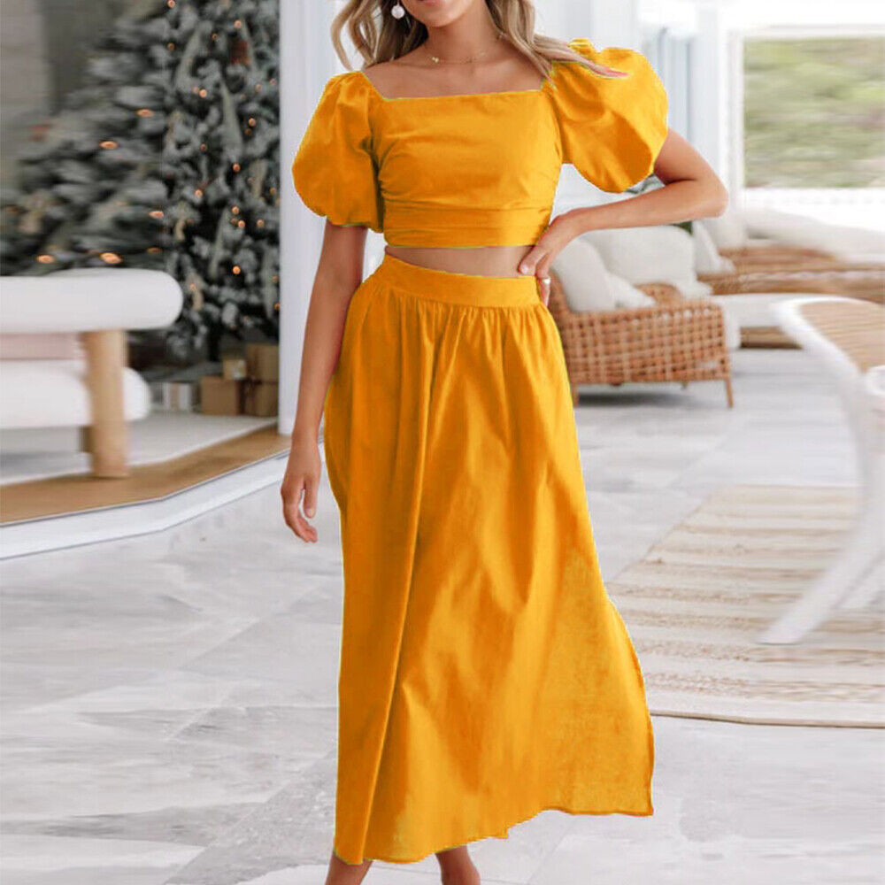 2Pcs Womens Boho Short Sleeve Crop Tops Long Dress Suit Holiday Beach Dress Set Unbranded Does Not Apply - фотография #9
