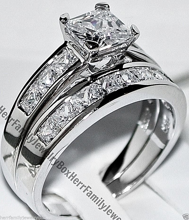 14k White Gold Sterling Silver Princess Diamond cut Engagement Ring Wedding Set Herr Family Jewelry Box - фотография #2