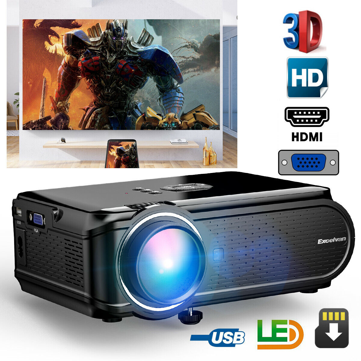 7000LM 3D HD Home Theater Multimedia Video LED Projector 1080P HDMI ATV VGA AV Excelvan EHD02