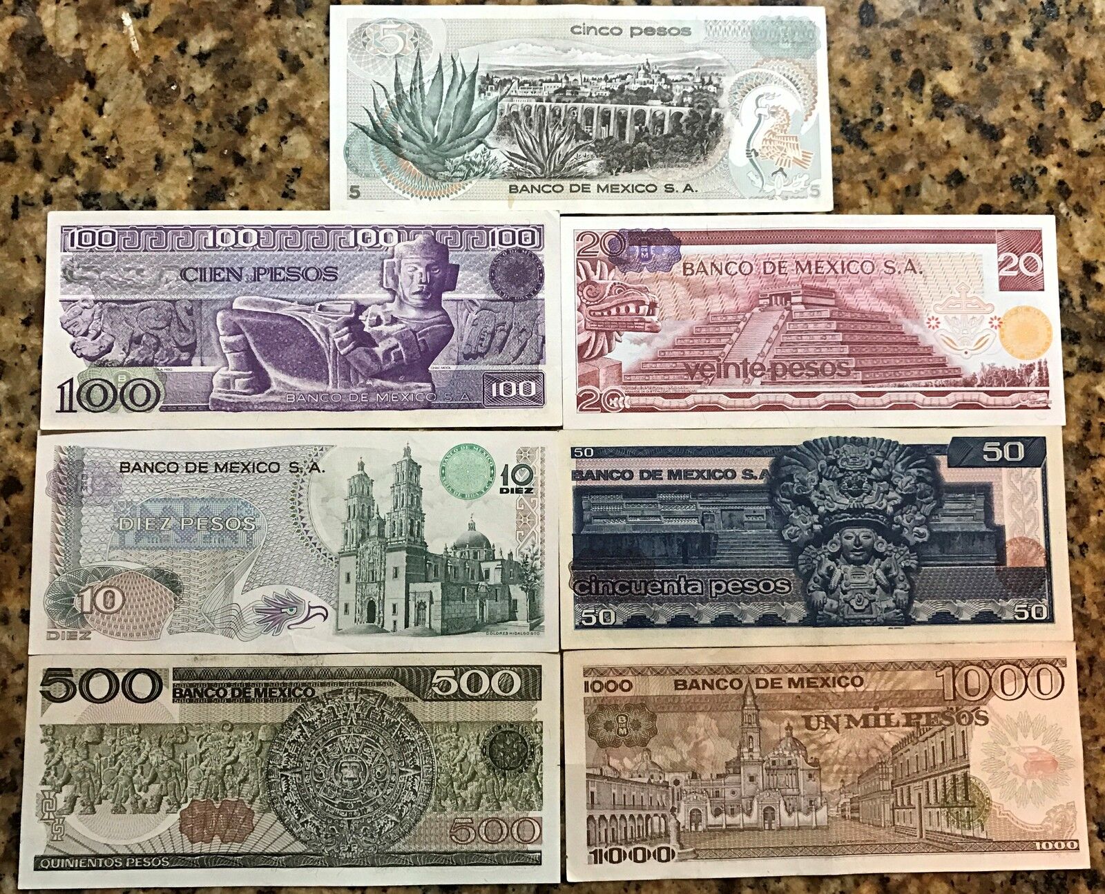 7 billetes Banco de Mexico 1970-1980 5,10,20,50,100,500 y 1000  Sin Circular Без бренда - фотография #2