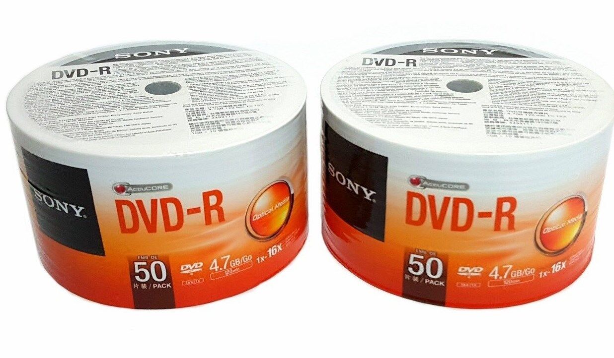 100 SONY Blank DVD-R DVDR Recordable Logo Branded 16X 4.7GB 120min Media Disc  Sony 50DMR47SB
