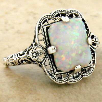 ART DECO STYLE 925 STERLING SILVER LAB-CREATED OPAL CLASSIC DESIGN RING     #994 Unbranded