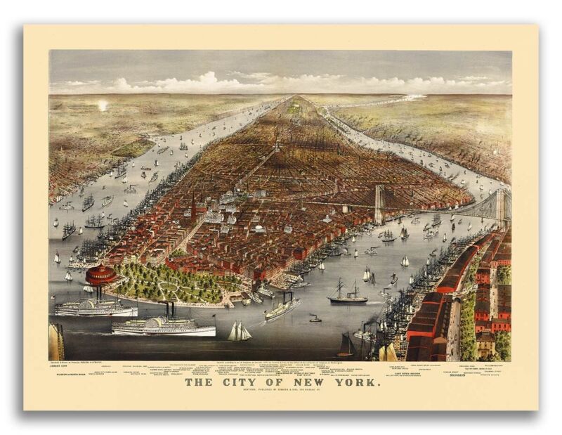 1876 New York City, New York Vintage Old Panoramic NY City Map - 18x24 Без бренда