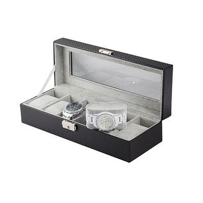 6 Slot Carbon Fiber Watch Box Display Case Jewelry Organizer Case Holder - Black Plixio Does Not Apply - фотография #11