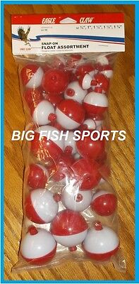50 ASSORTED FISHING BOBBERS Round Floats RED & WHITE! SNAP ON FLOAT ASSORTMENT  Eagle Claw FSRWASST-50 - фотография #2