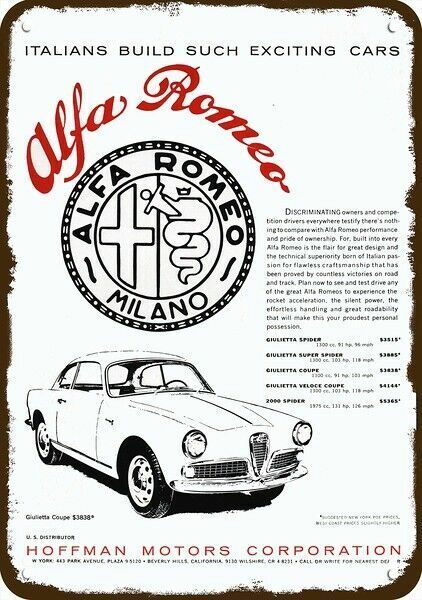 1960 ALFA ROMEO GIULIETTA Sports Car Vintage-Look DECORATIVE REPLICA METAL SIGN Без бренда