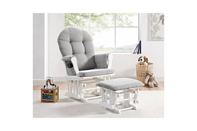 Windsor Glider and Ottoman, White Finish with Gray Cushions