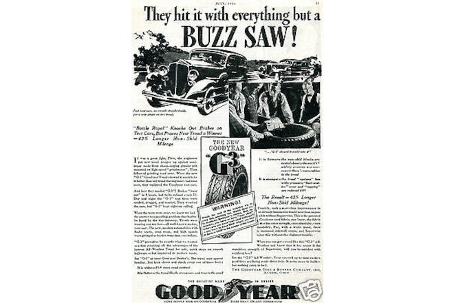 1934 Goodyear G-3 Car Tire Vintage Print Ad