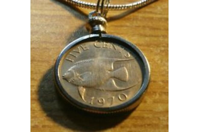 1970 Bermuda Angel Fish Coin Charm on an 18KGF 24" White Gold Filled Round Chain