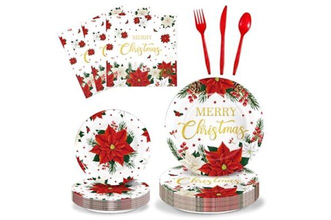 150 Pieces Christmas Poinsettia Flower Tableware Merry Christmas Party Suppli...