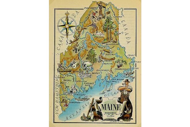 Maine Vintage Pictorial Map  (Small/Index Card size)