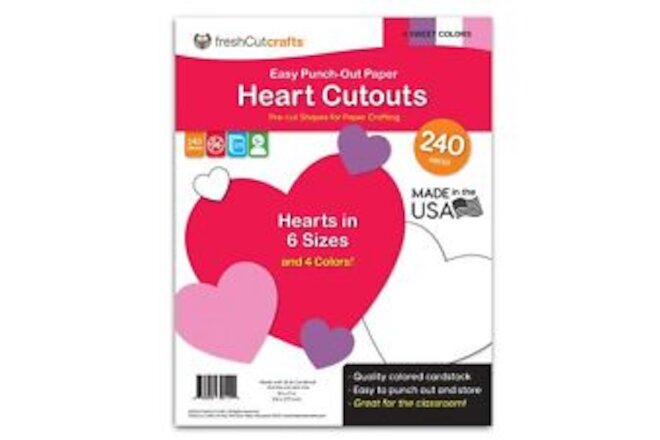 240 Pieces Heart Paper Cutouts, 2-Sided US Made Card Stock Punch Out Sweet Co...