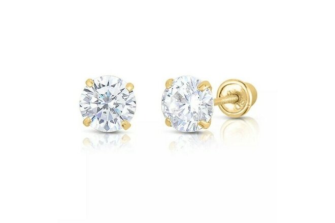 14K Yellow Gold 2mm-8mm Round CZ Stud Earring Pair With Secure Screw Back
