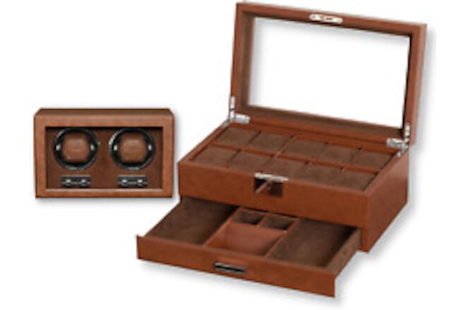 Gift Set 10 Slot Leather Watch Box with Valet Drawer & Matching Double Watch Win