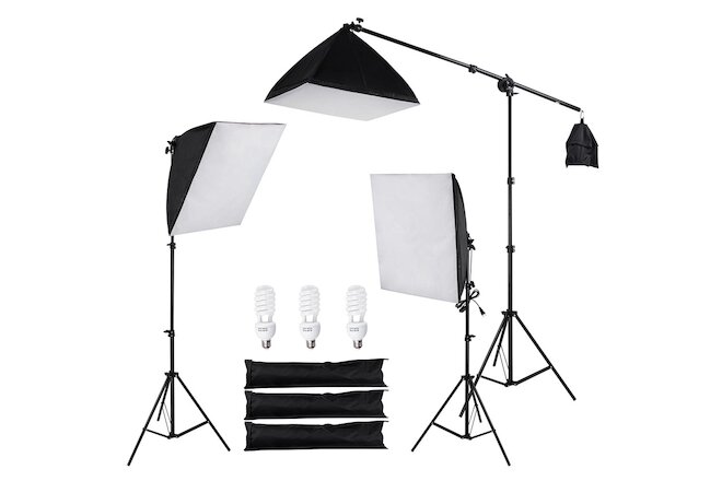 Photo Studio Photography 3 Softbox Boom Light Stand Continuous Lighting Kit