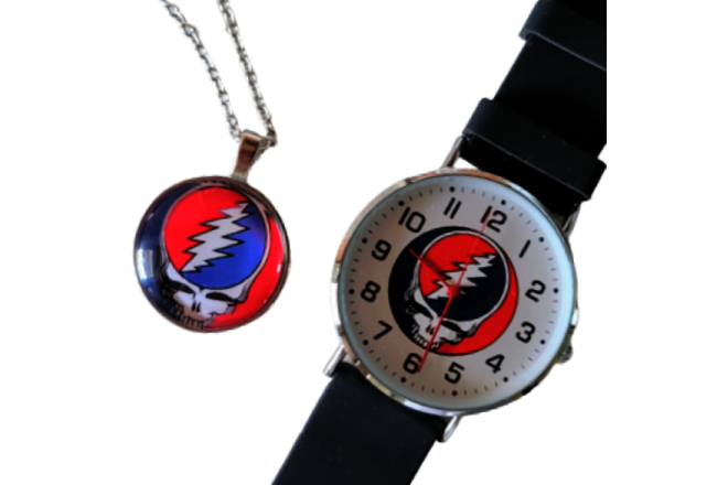 Grateful Dead Collectible Watch & Silver Chain Necklace Set Steal Your Face NWT