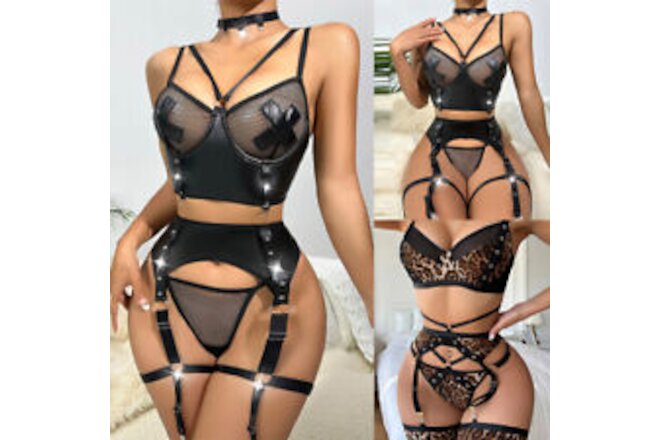 Sexy Women Leopard Lingerie Bra Bralet Garter Suspender Belt G-String Thong Sets