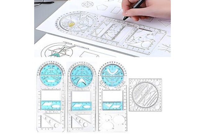 4 Pcs Multifunctional Geometric Ruler,Math Measuring Rulers for Drawing and A...