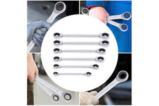 Double Box End Ratcheting Wrench 8-19mm Extra Long 6 PC Spanner Set w/ Metric