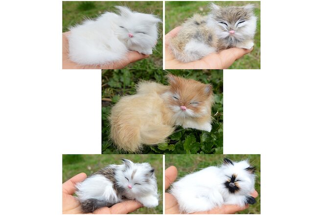 5 Mini Cute Cats Set Furry Sleeping Kittens Synthetic Figurine Desk Decor Props