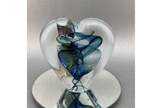 New Pyrcak Polish Paperweight Blue Green 4” Heart Signed Art Glass New Tags