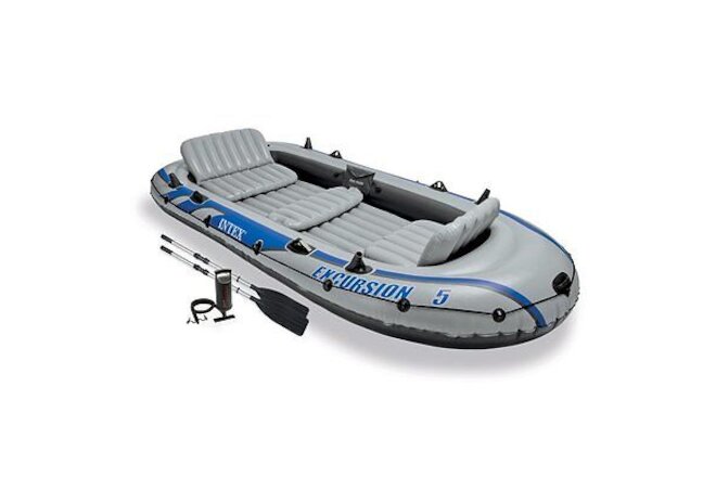 Intex Excursion Inflatable 5 Person Water Fishing River Boat Raft Set with Oars