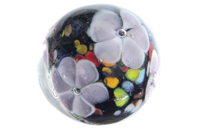 22mm MAGNOLIA Black/Purple Flower Handmade art glass Marble 7/8" SHOOTER