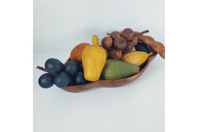 Vintage 11 Piece Hand-Carved & PAINTED Wooden FRUIT & Bowl Set Mid-Century MCM