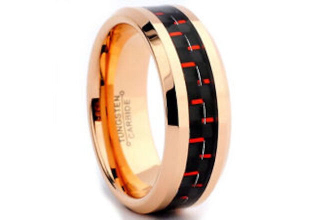 Rose Plated Tungsten Carbide Ring Wedding Band Black & Red Carbon Fiber