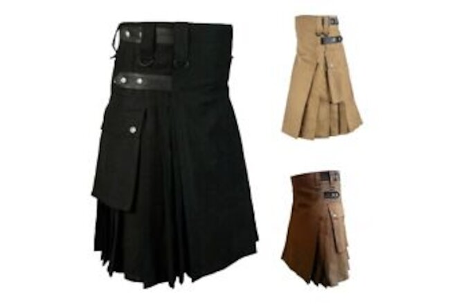 Mens Vintage Kilt Scotland Gothic Fashion Kendo Pocket Skirts Scottish Clothing