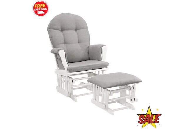 Glider & Ottoman Seating W/ Padded Arms Torage Pockets Gray Cushions White New
