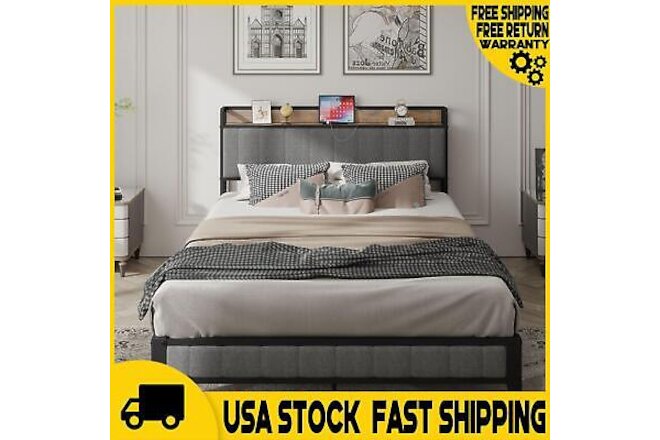 Full-Size metal bed frame with charging headboard Light & Dark Grey Options Full
