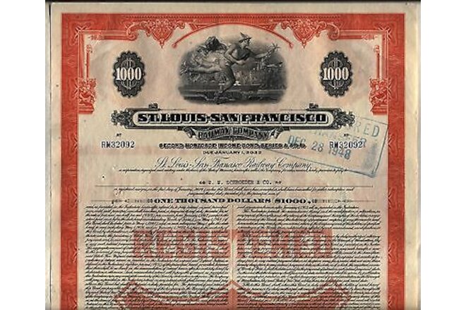 $1,000 St. Louis San Francisco Railway Bond Stock Certificate Frisco Railroad