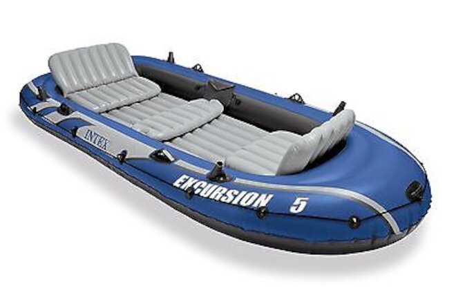 Intex Excursion 5 Person Inflatable Fishing Boat Set with 2 Oars, Air Pump & Bag