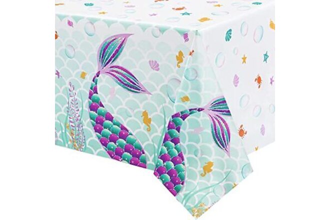 Mermaid Table Cover - 2 Pack 108''×54'' Disposable Printed Plastic Tablecloth...