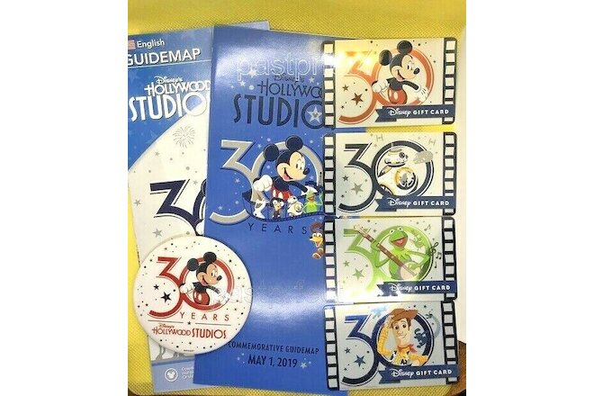 Disney Hollywood Studios 30th Anniv Button + 4 Gift Cards +Day Of Map + 2020 Map
