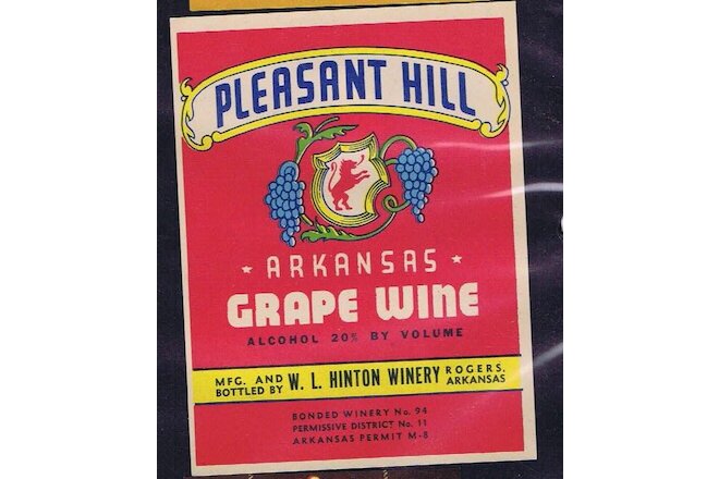 Unused 1940s ARKANSAS Rogers W L Hinton PLEASANT HILL GRAPE WINE Label