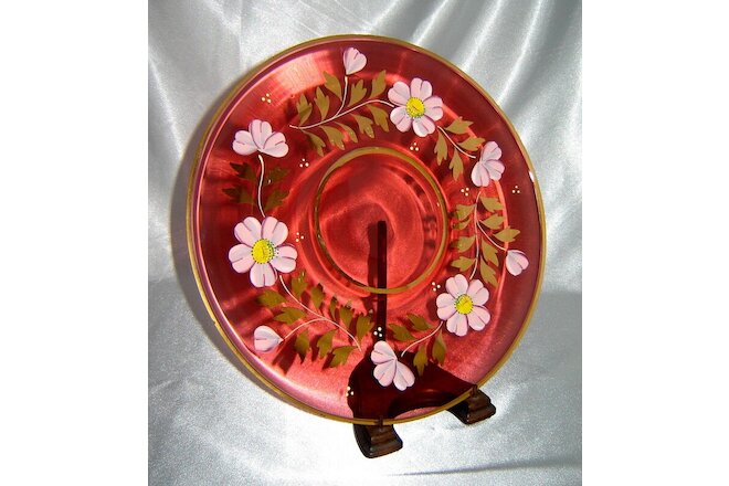 Vintage Set (4) EGERMANN Hand Painted Bohemian Red Art Glass Plates w/ 24K Gold