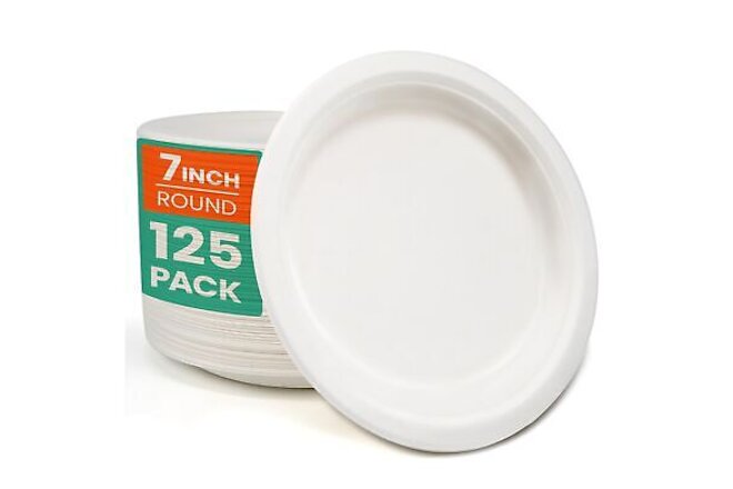 Compostable Paper Plates 7 inch,125 Disposable heavy duty paper plates, sugar...