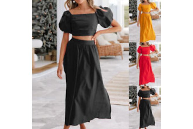 2Pcs Womens Boho Short Sleeve Crop Tops Long Dress Suit Holiday Beach Dress Set