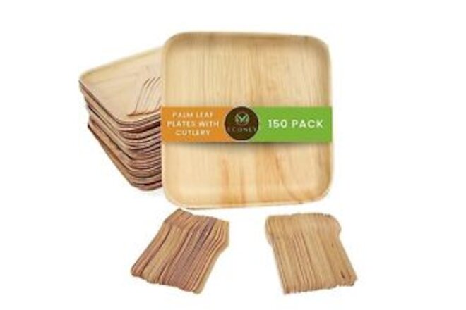 party pack of 150 | Eco-friendly Palm Leaf Plates with Cutlery | 50 Disposabl...