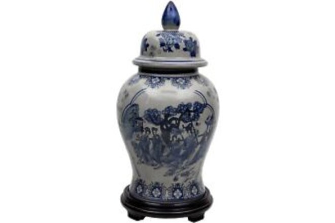 Oriental Furniture 18" Ladies Blue & White Porcelain Temple Jar 18" Tall