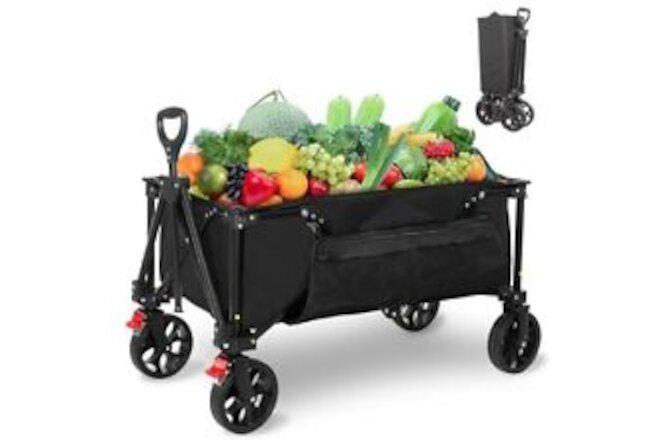 Collapsible Wagon Cart, Heavy Duty Folding Wagon Cart with Brake 135L Black