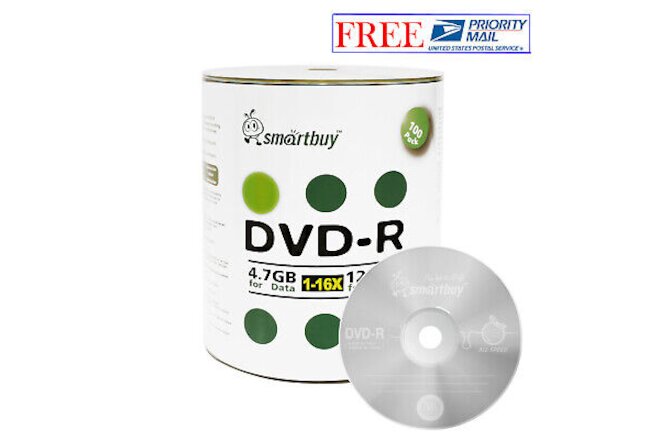 100 Pcs SmartBuy Blank DVD-R DVDR 16X 4.7GB Logo Top Surface Recordable Disc