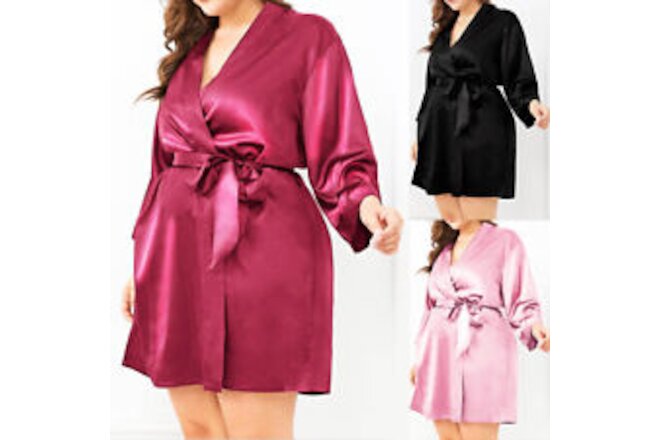 Womens Sexy Satin Silk Lace Bath Robe Lingerie Kimono Dressing Gown Sleepwear US